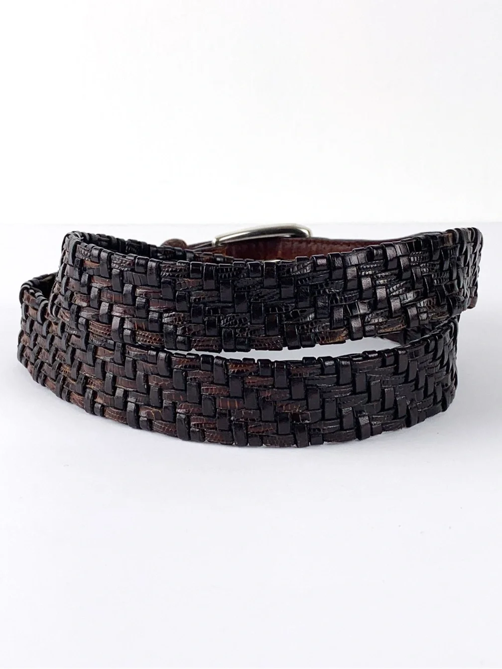 Vintage Brighton woven leather belt brown & black with reptile embossing size 36
